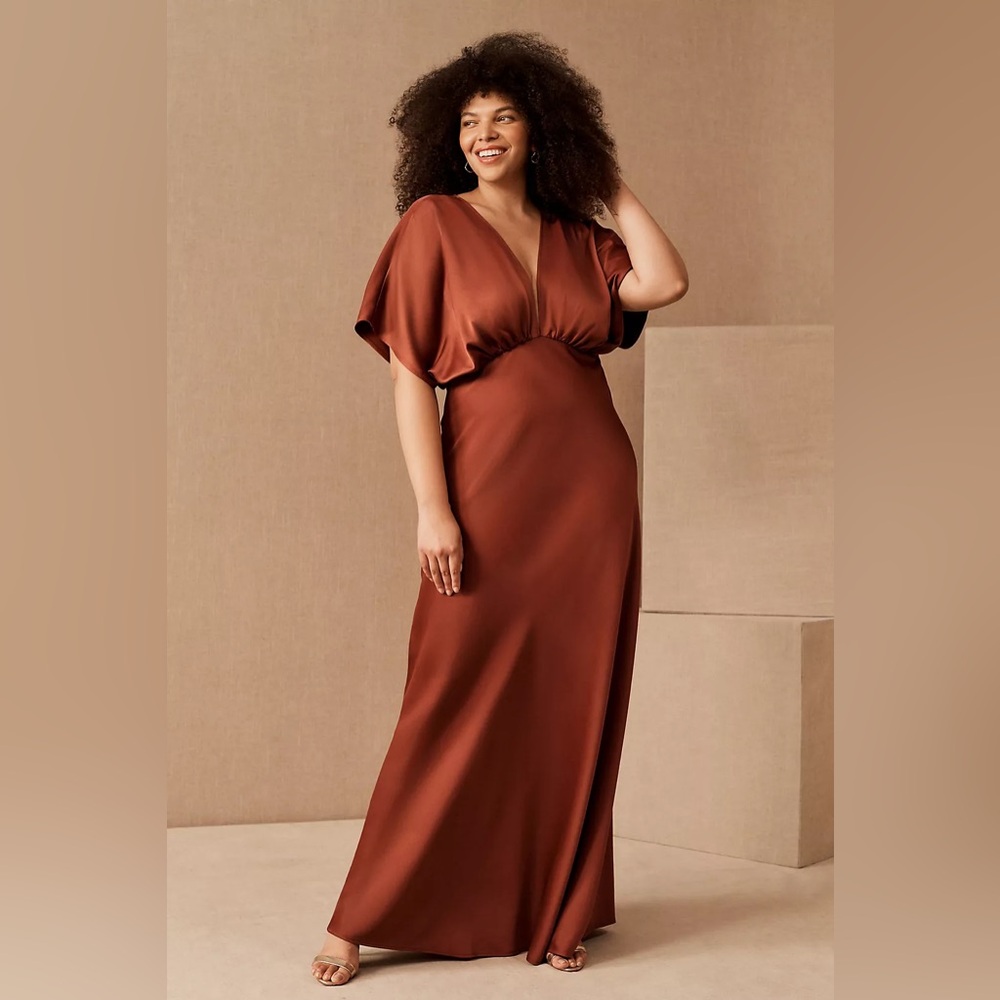 BHLDN Anthropologie Leila satin charmeuse plunge floor-length dress, size 12 NWT